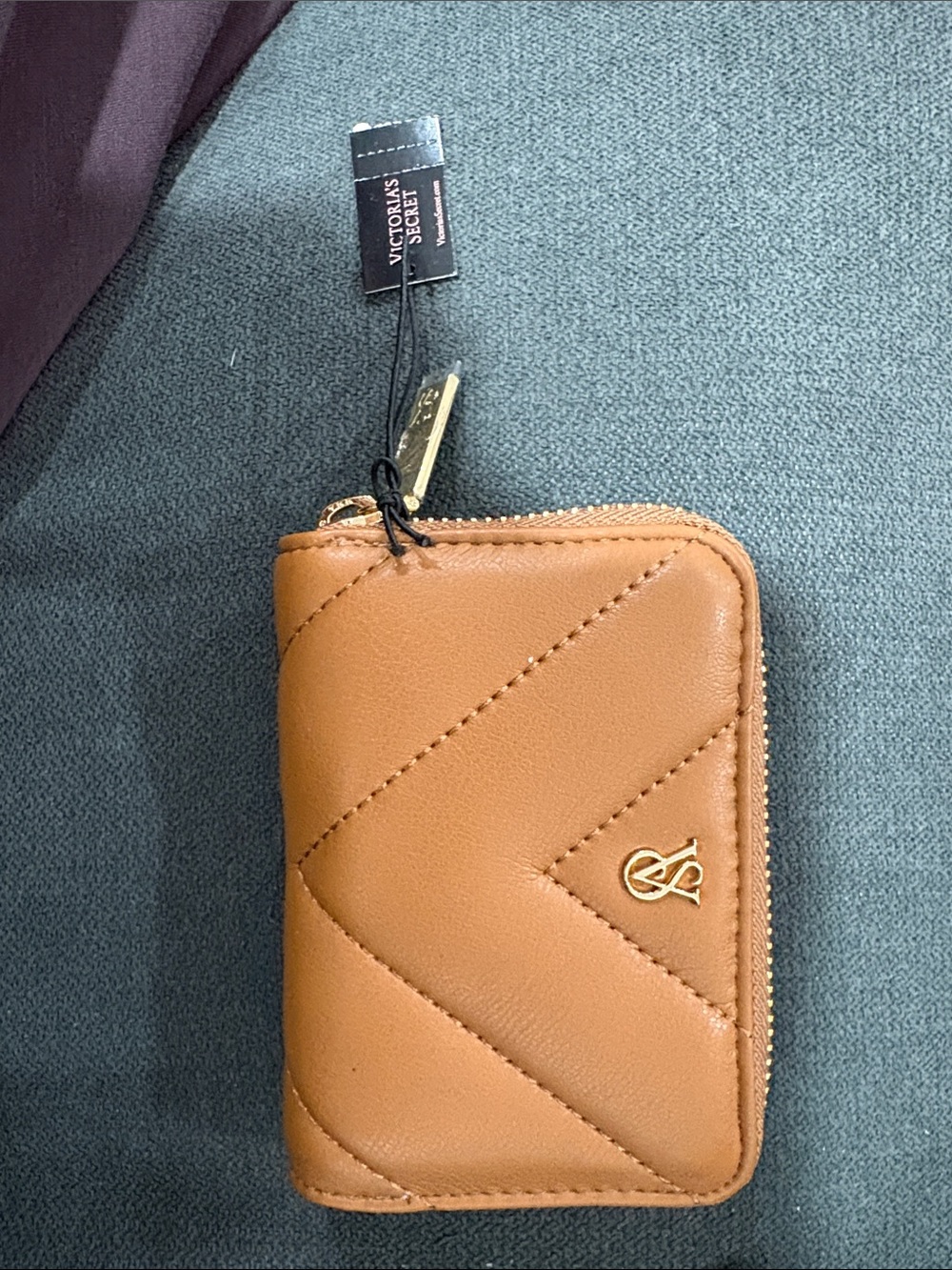Victoria's Secret Tan Quilted Zip-Around Card Wallet with Gold Logo